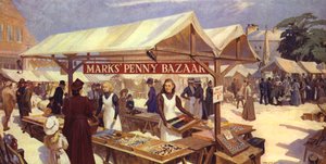 Een Artistieke Impressie van Marks Penny Bazaar opgericht in 1884 door Michael Marks, vader van Sir Simon Marks door English School